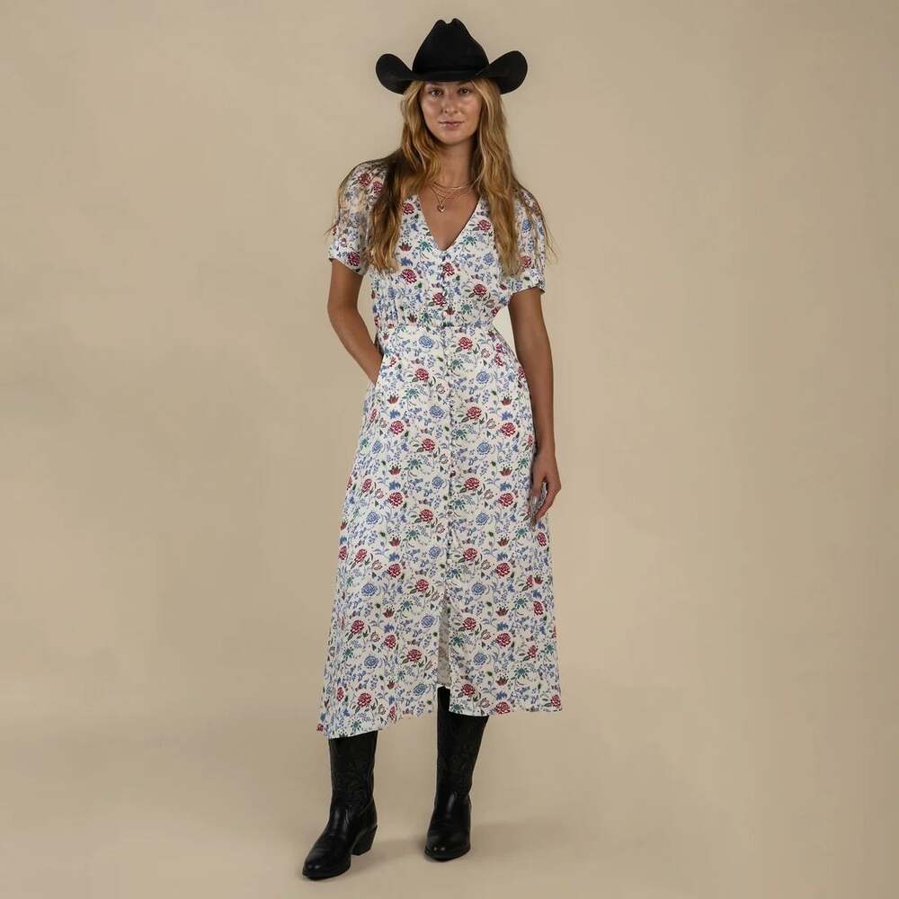 Sendero Darcy White Floral Short Sleeve V-Neck Western Midi Dress Size S